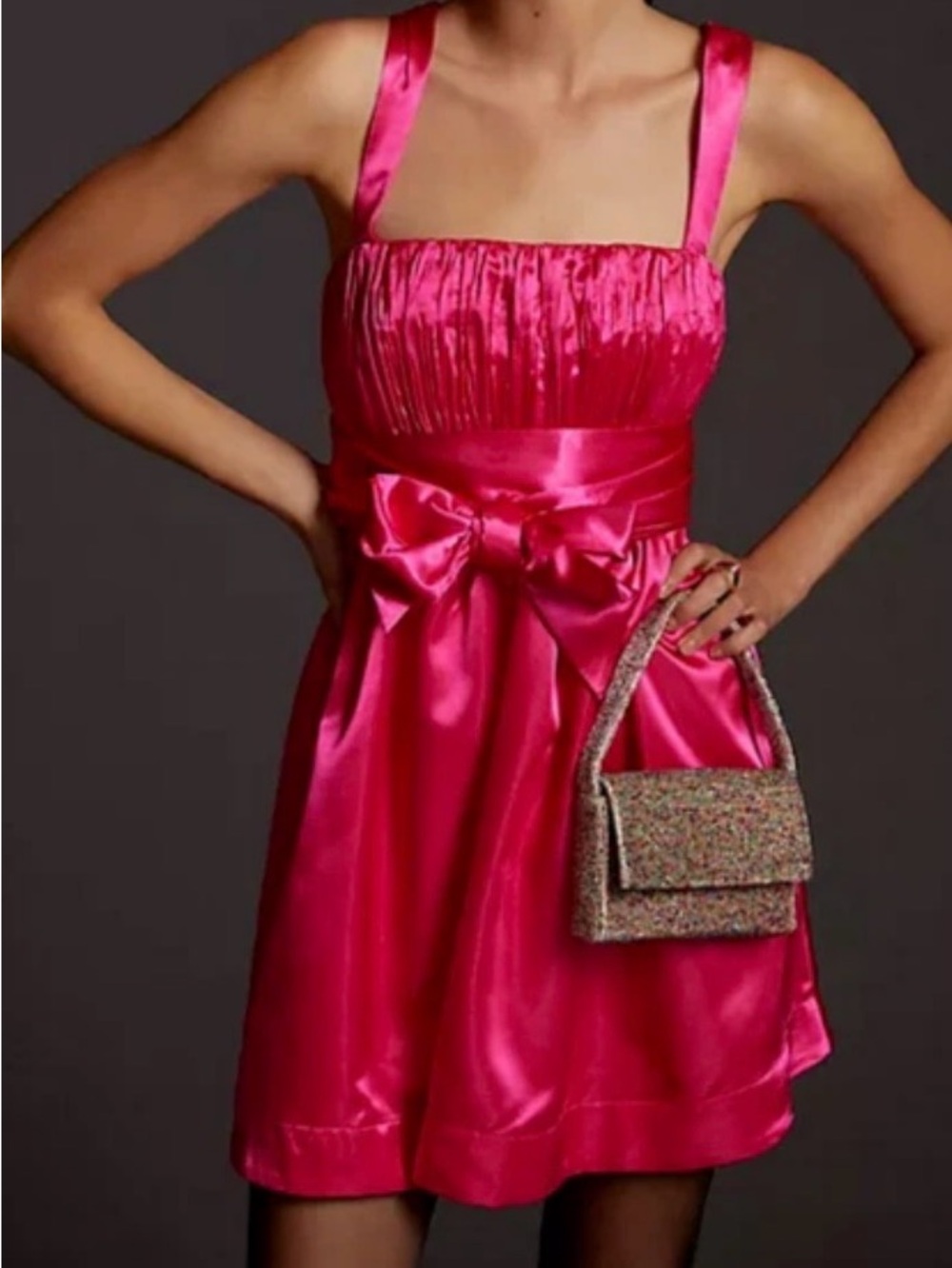 Anthropologie Maeve Hot Pink Satin Bow Tie Mini Dress Size 16 Party Pockets EUC